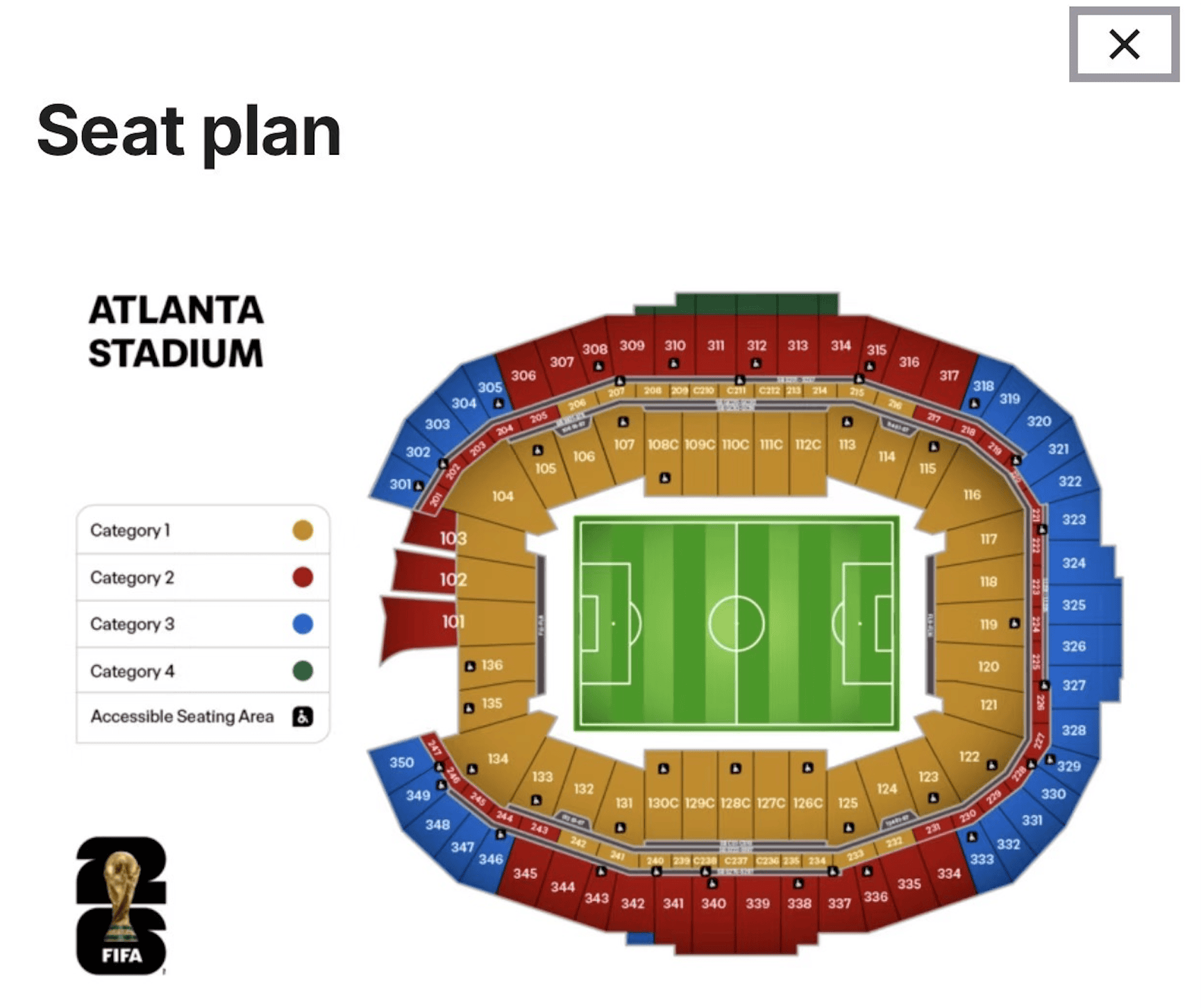 World Cup 2026 Atlanta Seat Map - Mercedes-Benz Stadium World Cup 2026 seat map for Mercedes-Benz Stadium in Atlanta, showing ticket categories 1-4.