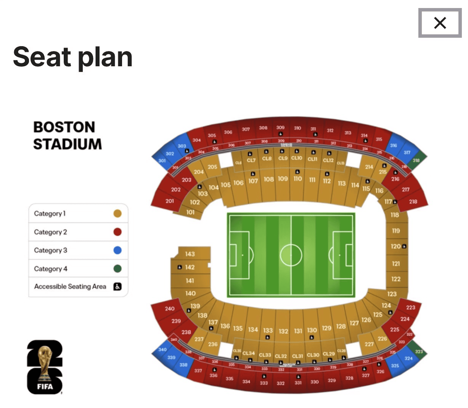 World Cup 2026 Boston Seat Map - Gillette Stadium World Cup 2026 seat map for Gillette Stadium in Boston, showing ticket categories 1-4.