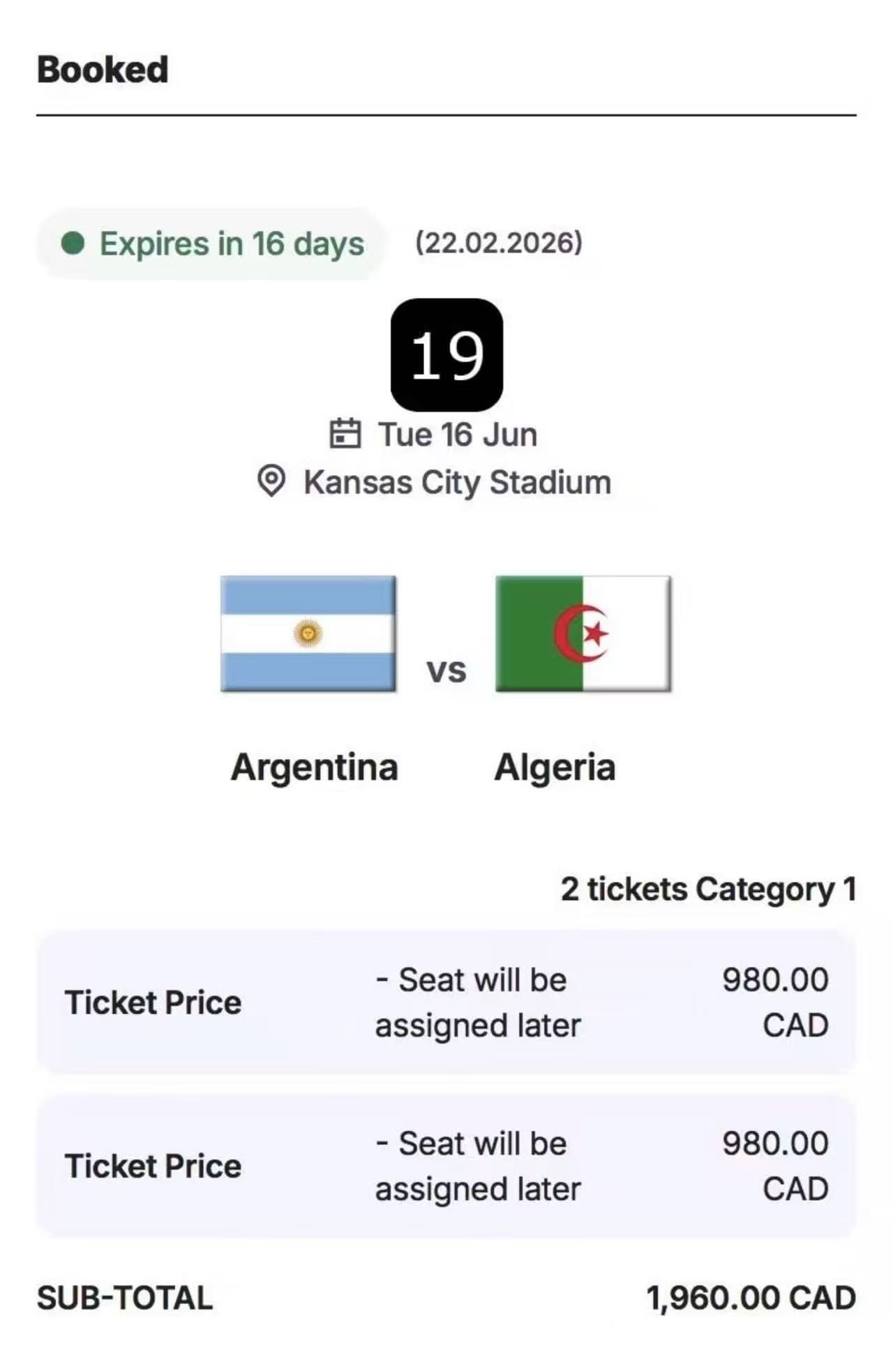 A screenshot of a successful FIFA World Cup 2026 ticket draw application showing the invoice file in the user account.