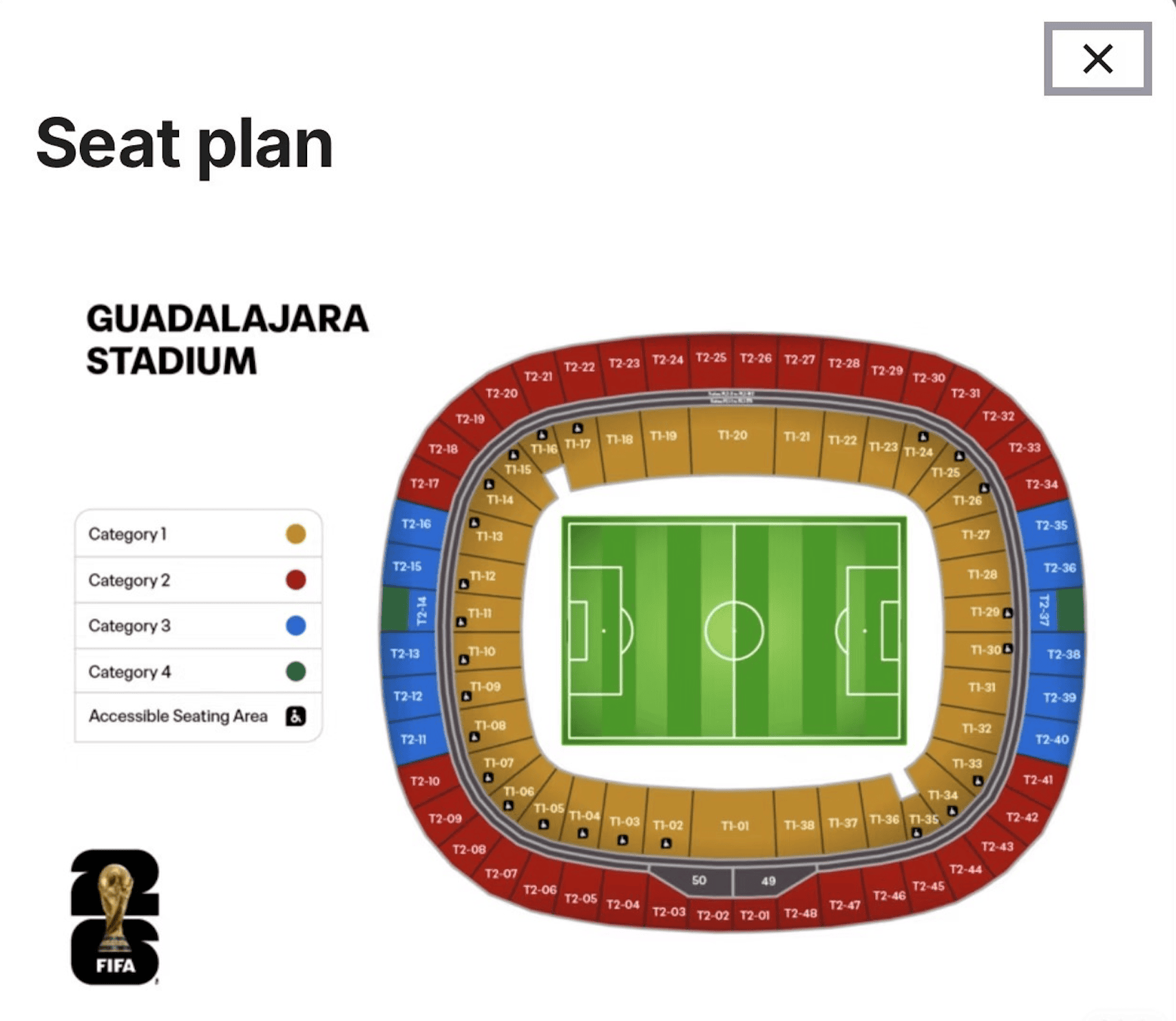 World Cup 2026 Guadalajara Seat Map - Estadio Akron World Cup 2026 seat map for Estadio Akron in Guadalajara, showing ticket categories 1-4.
