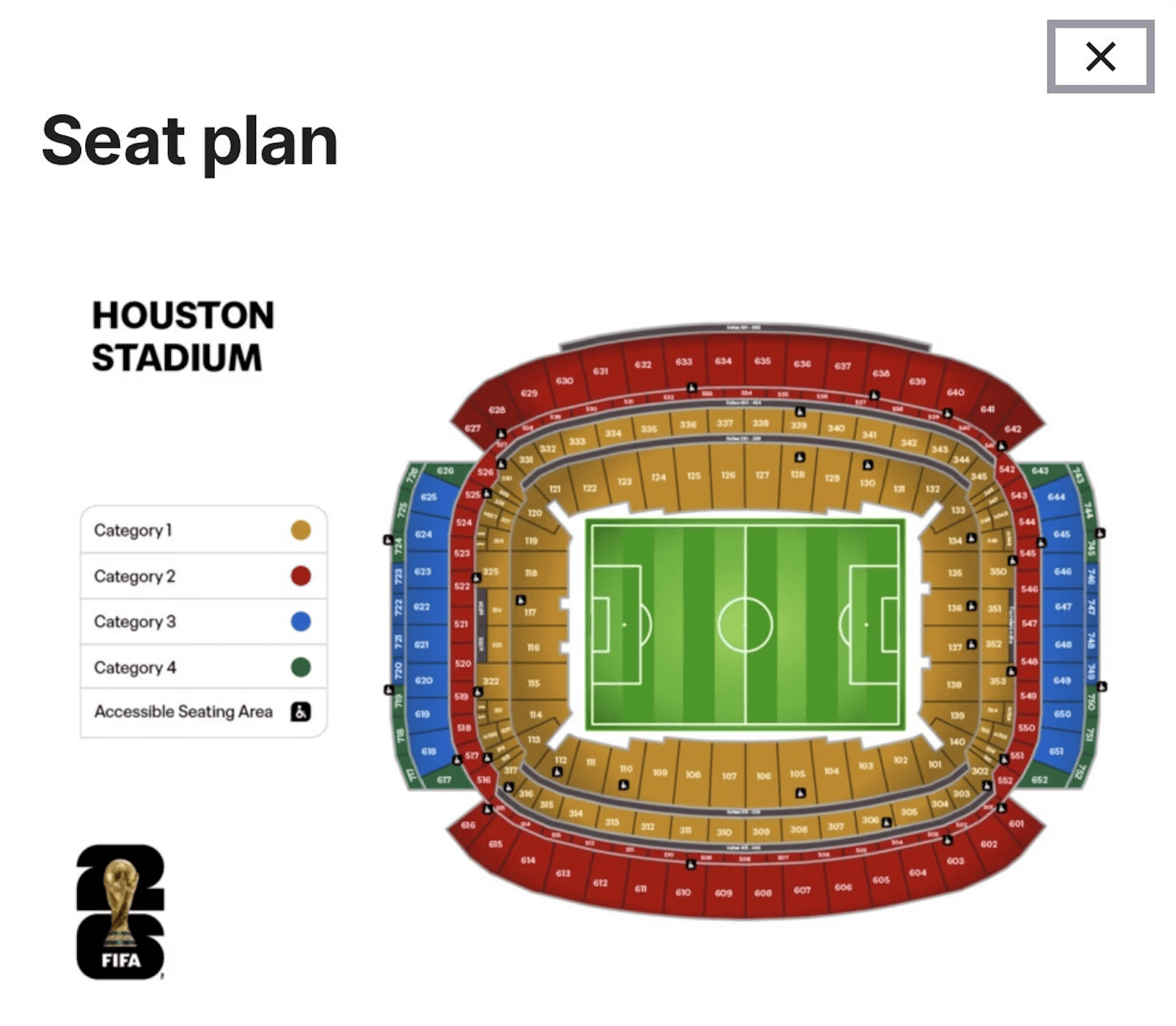World Cup 2026 Houston Seat Map - NRG Stadium World Cup 2026 seat map for NRG Stadium in Houston, showing ticket categories 1-4.