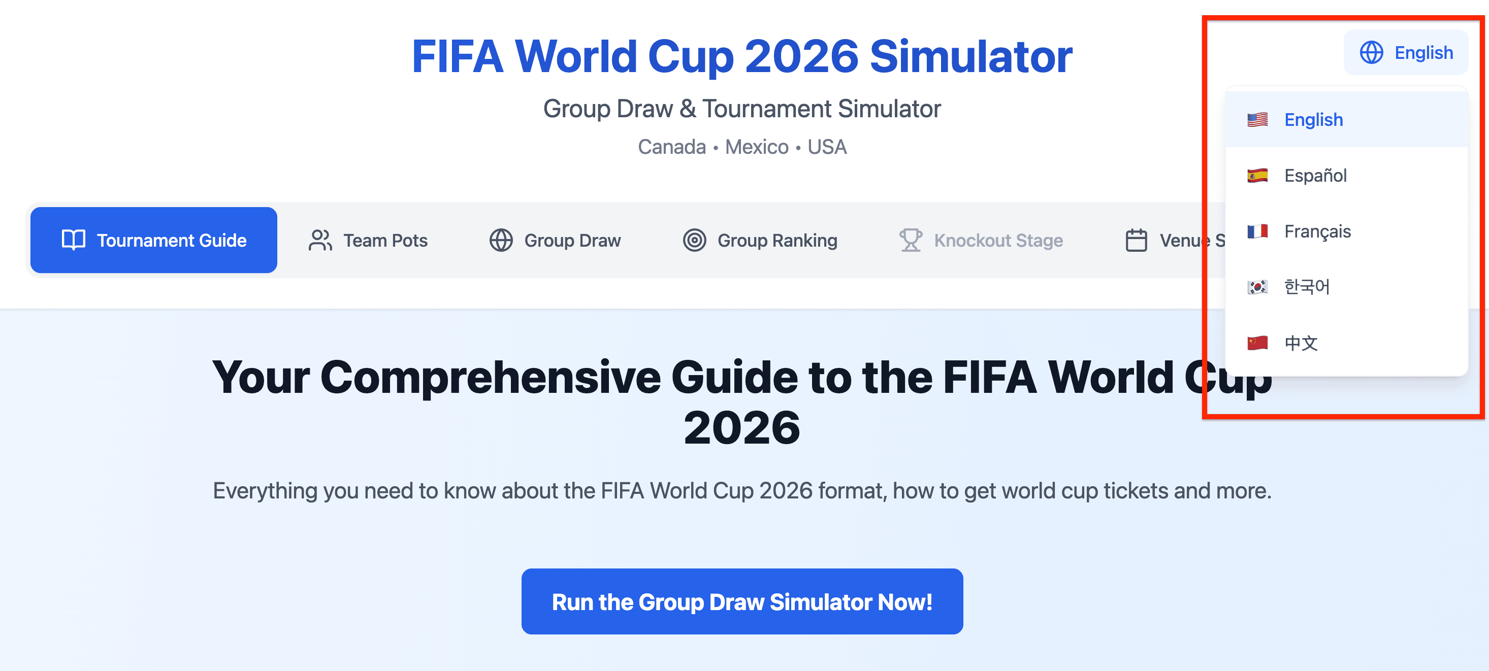 World Cup Simulator Language Switcher A screenshot of the World Cup Simulator with the language switcher dropdown open, showing English, Spanish, French, Korean, and Chinese options.