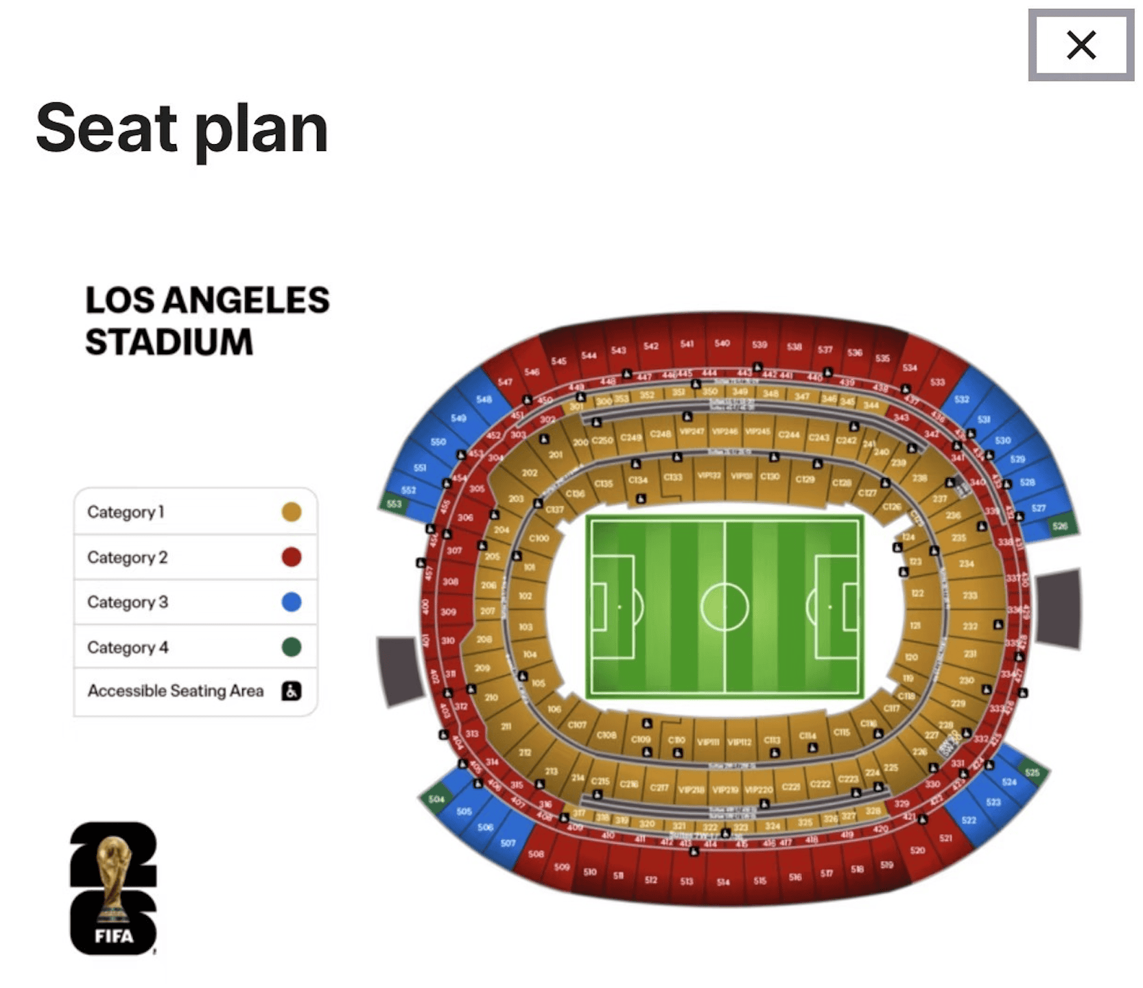 World Cup 2026 Los Angeles Seat Map - SoFi Stadium World Cup 2026 seat map for SoFi Stadium in Los Angeles, showing ticket categories 1-4.