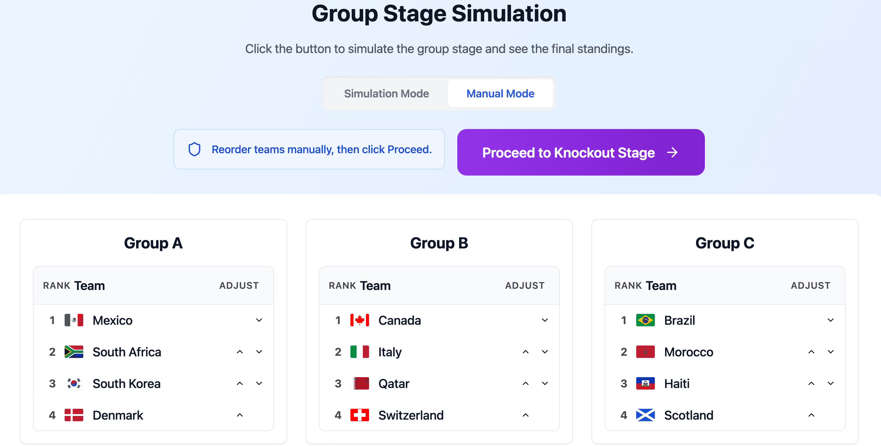 A screenshot of the new Manual Mode interface, showing a group with dropdown menus next to each team to select their finishing position (1st, 2nd, 3rd, 4th).