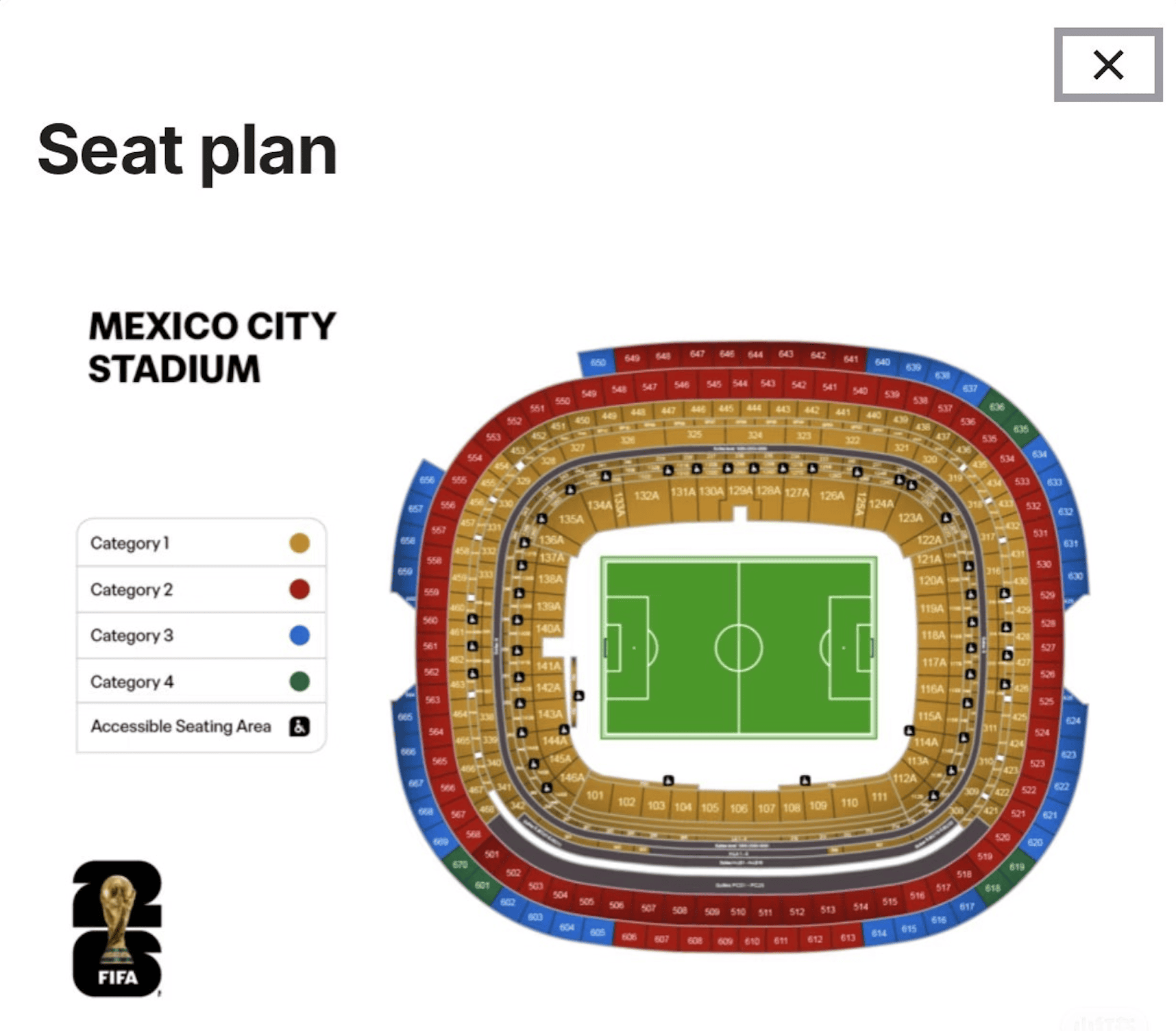 World Cup 2026 Mexico City Seat Map - Estadio Azteca World Cup 2026 seat map for Estadio Azteca in Mexico City, showing ticket categories 1-4.