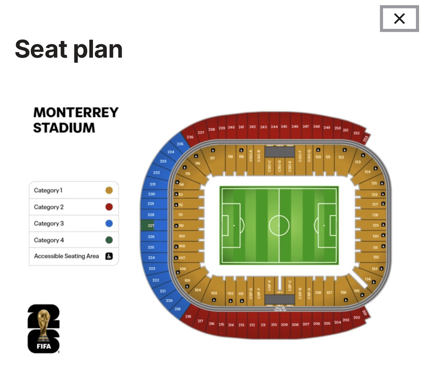 World Cup 2026 Monterrey Seat Map - Estadio BBVA World Cup 2026 seat map for Estadio BBVA in Monterrey, showing ticket categories 1-4.
