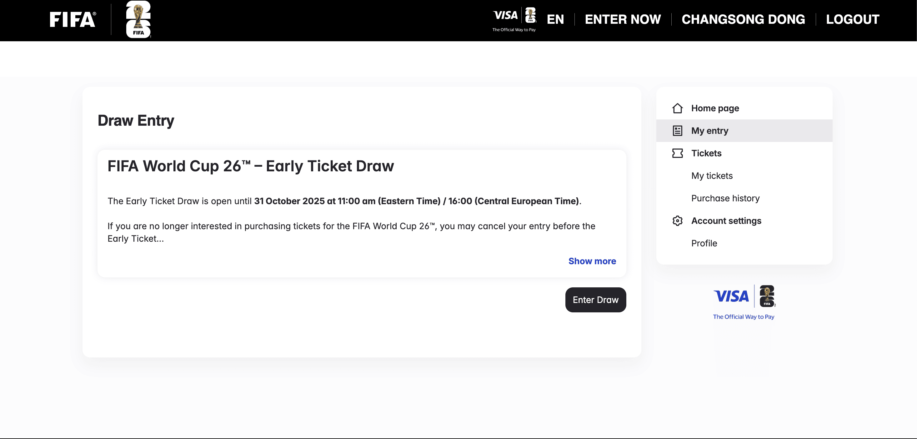 A screenshot of the "My Entry" page within a user's FIFA account