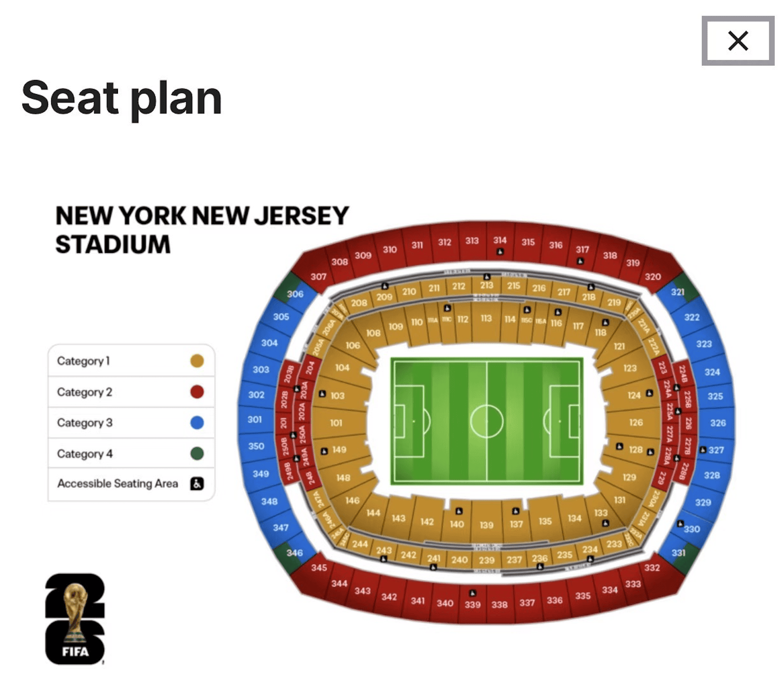 World Cup 2026 New York/New Jersey Seat Map - MetLife Stadium World Cup 2026 seat map for MetLife Stadium in New York/New Jersey, showing ticket categories 1-4.