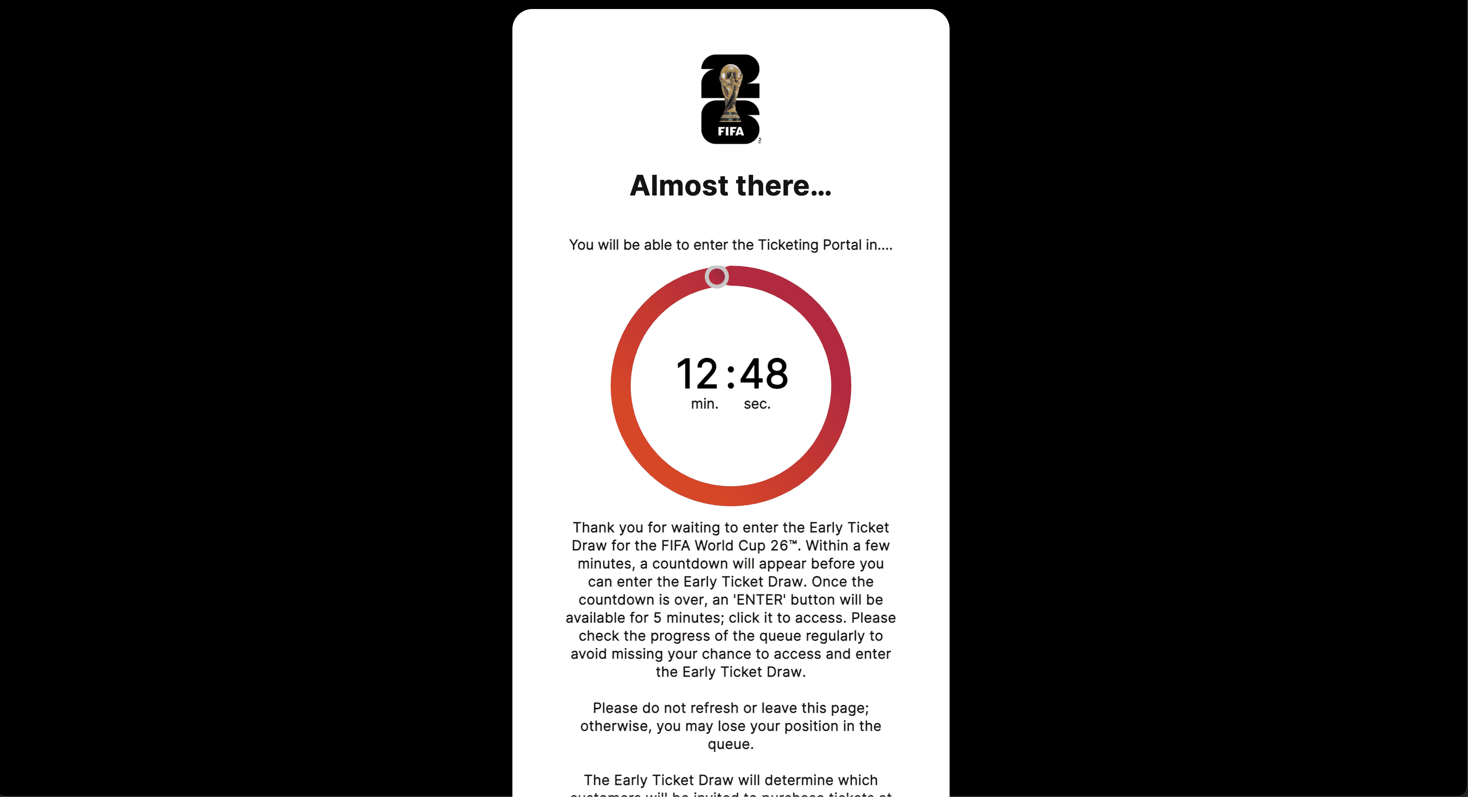A screenshot showing the queue page for the FIFA ticket draw, with an estimated wait time