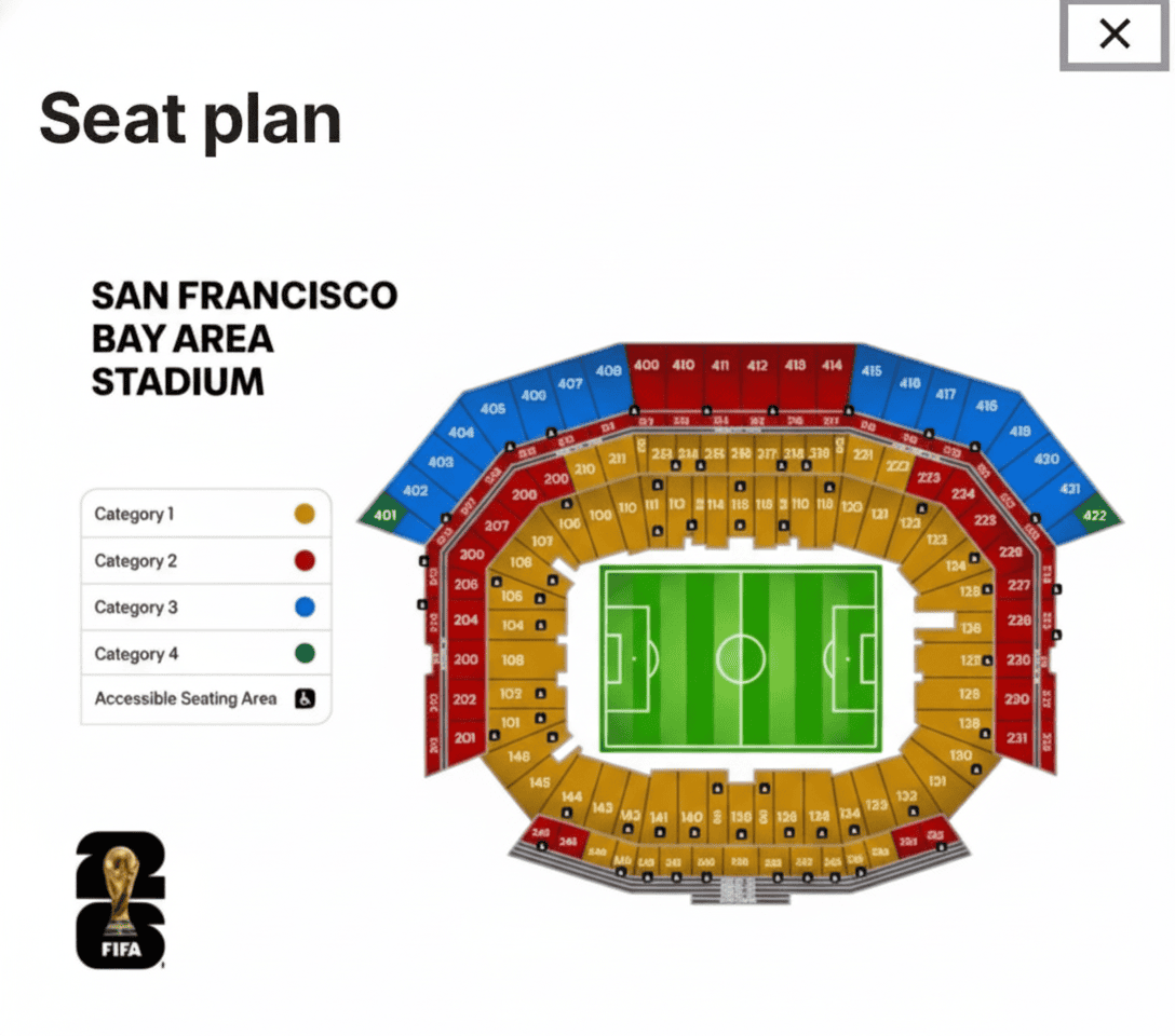 World Cup 2026 San Francisco Seat Map - Levi's Stadium World Cup 2026 seat map for Levi's Stadium in San Francisco, showing ticket categories 1-4.