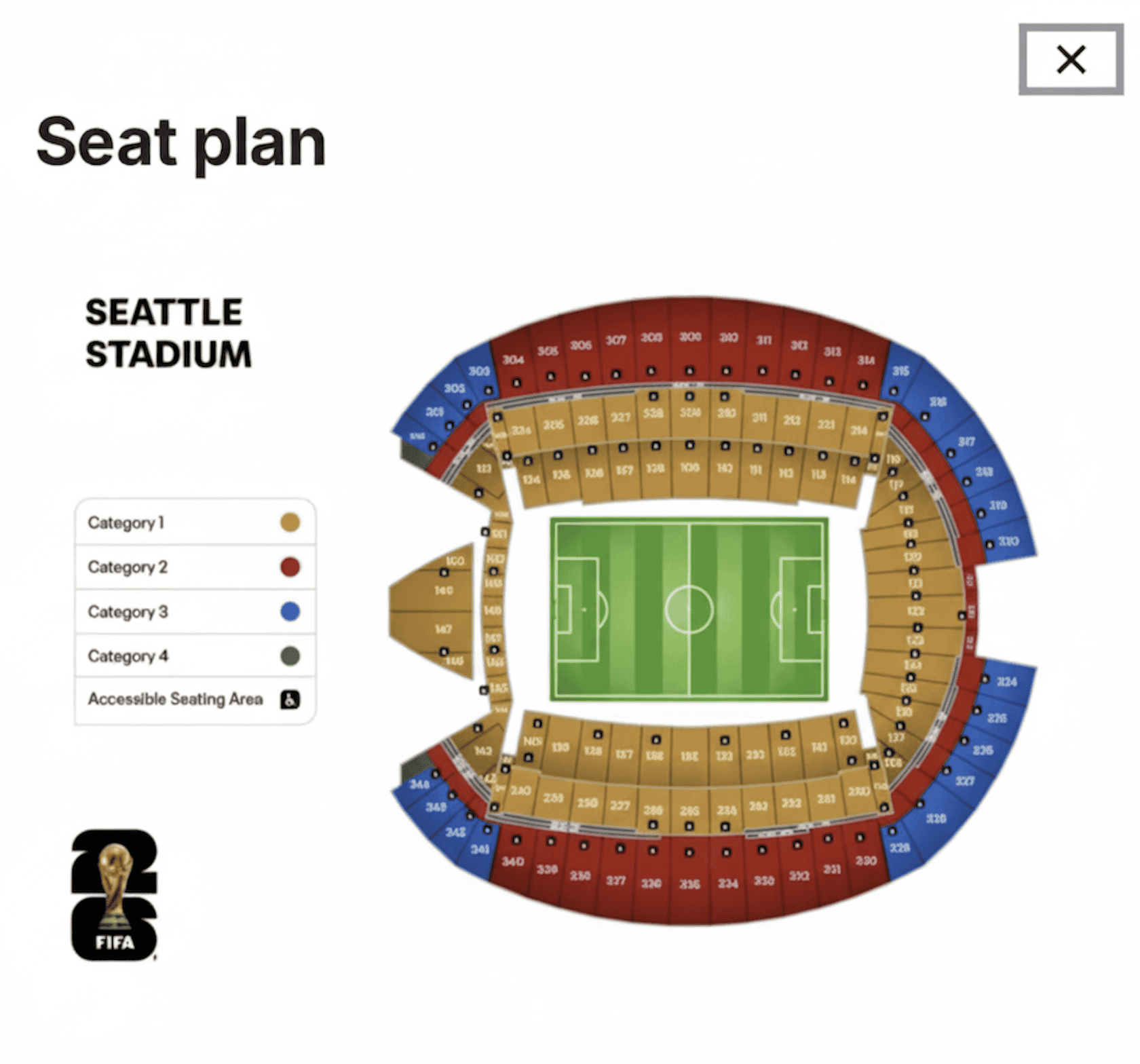 World Cup 2026 Seattle Seat Map - Lumen Field World Cup 2026 seat map for Lumen Field in Seattle, showing ticket categories 1-4.