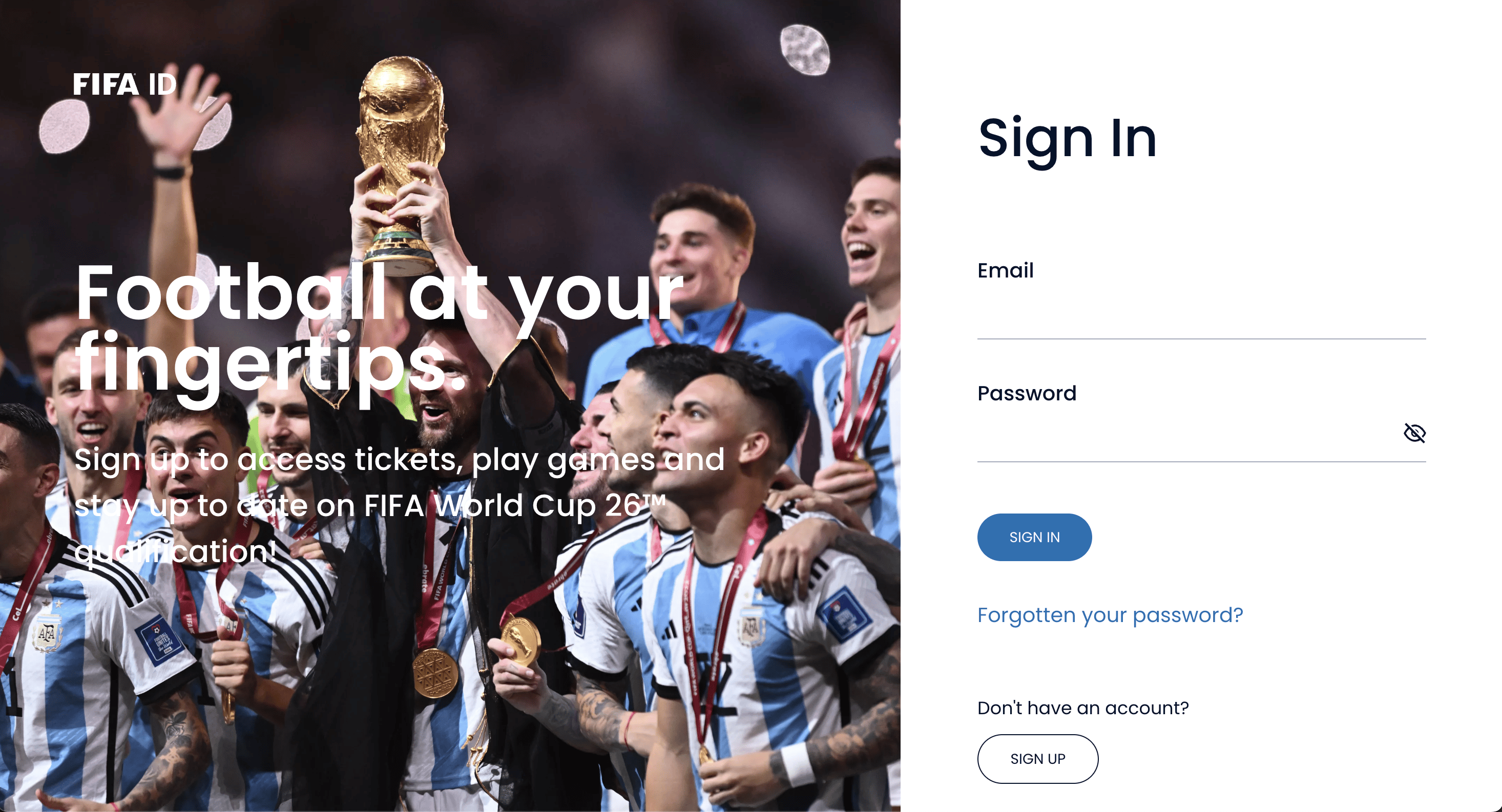 A screenshot of the FIFA sign-in page, where users can enter their credentials or create a new account