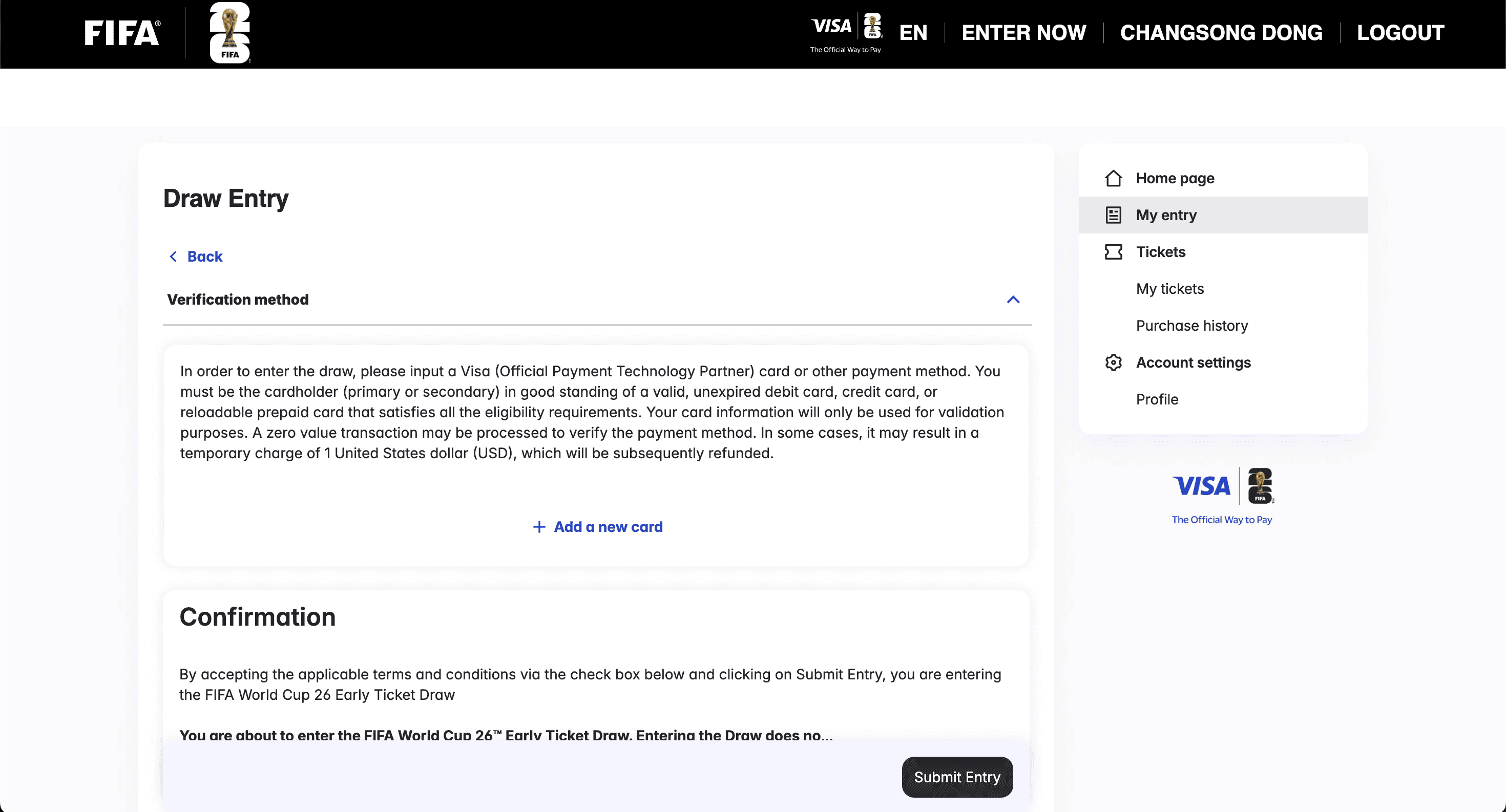 A screenshot of the final submission page, where users can add a credit card and submit their entry for the ticket draw