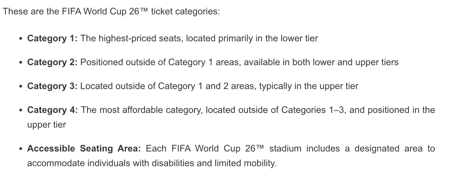An explanation of the four ticket categories for the 2026 World Cup, showing their general location in the stadium.