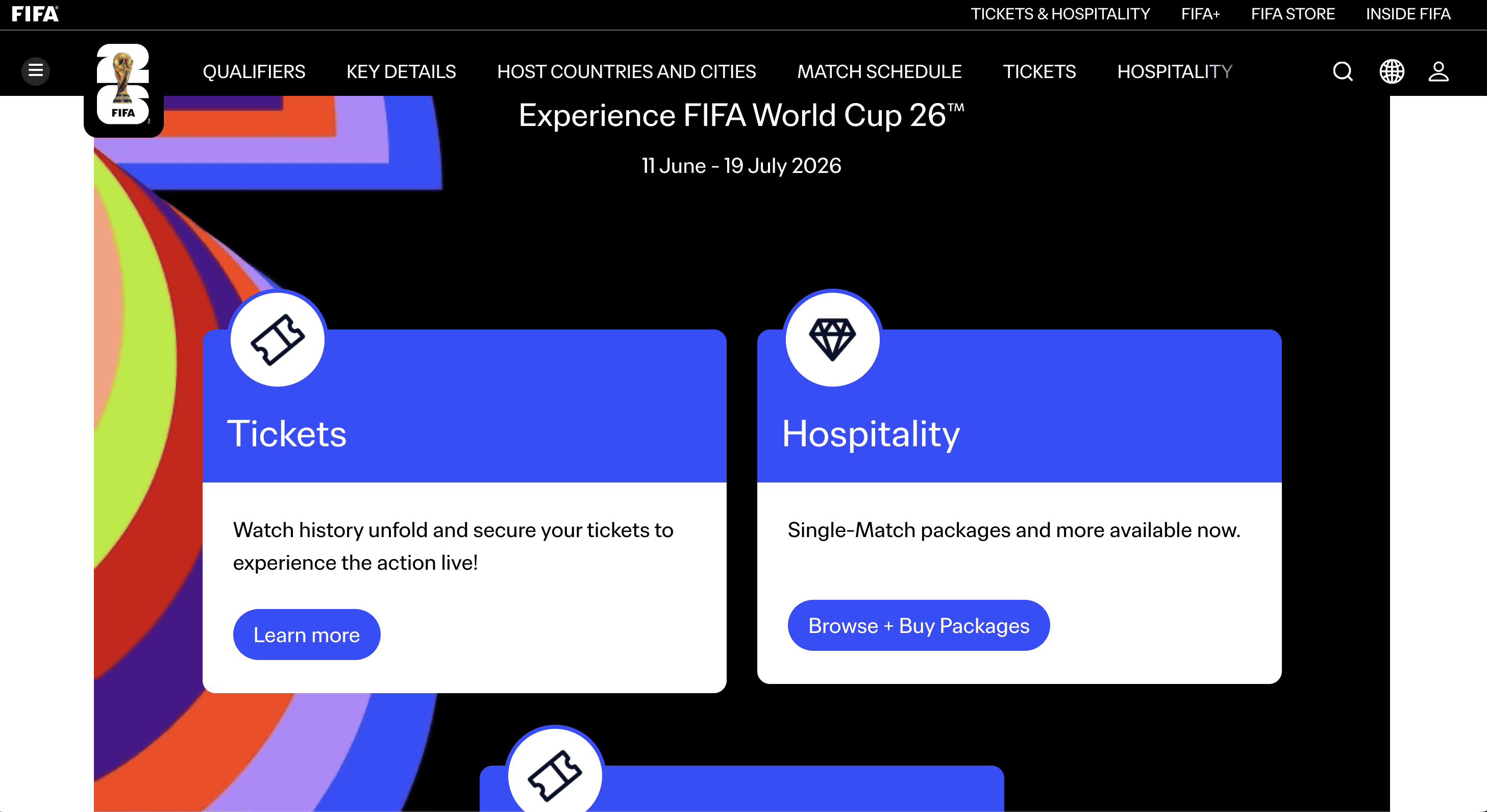 FIFA World Cup 2026 ticket page with match browsing and ticketing options