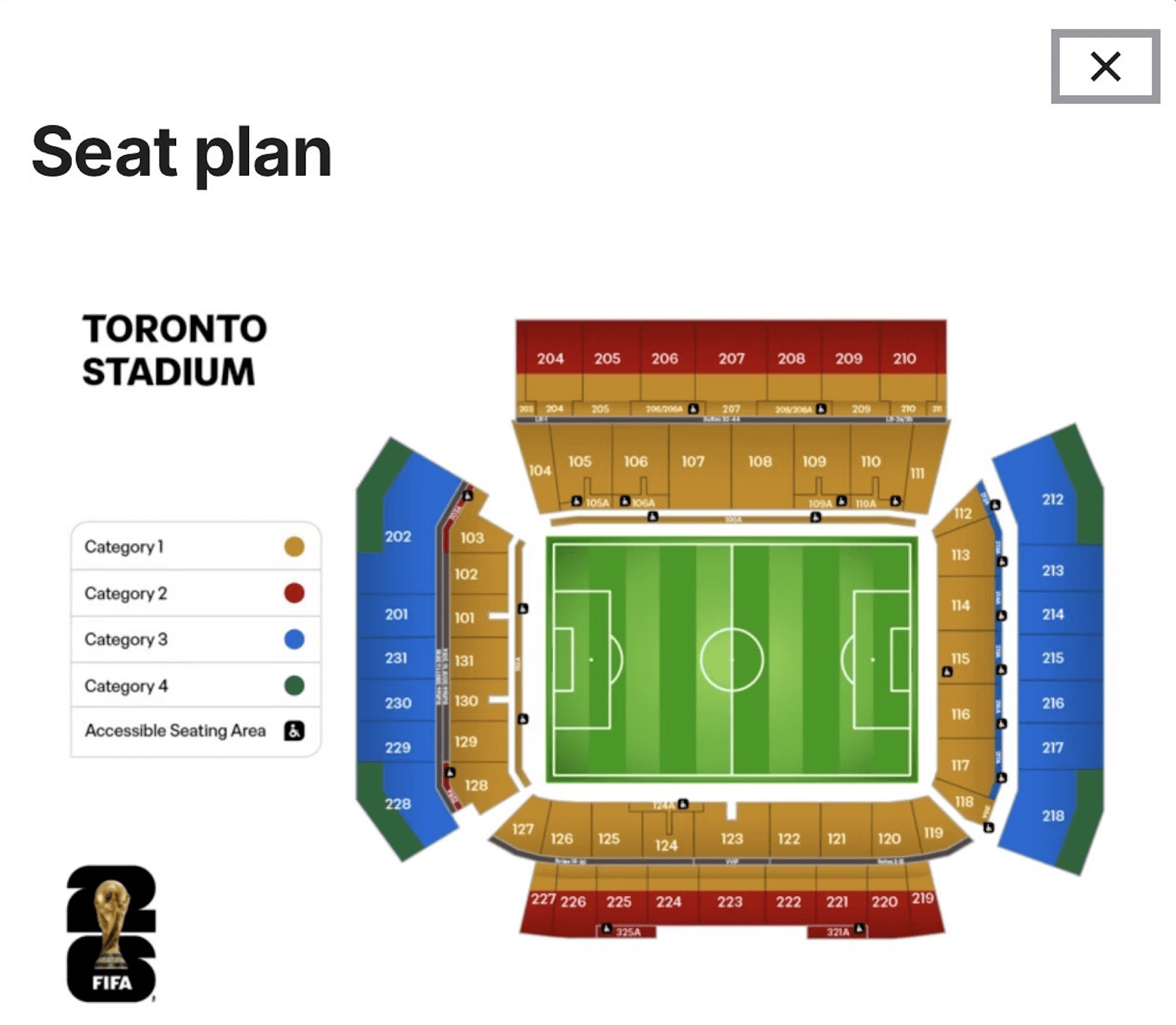 World Cup 2026 Toronto Seat Map - BMO Field World Cup 2026 seat map for BMO Field in Toronto, showing ticket categories 1-4.