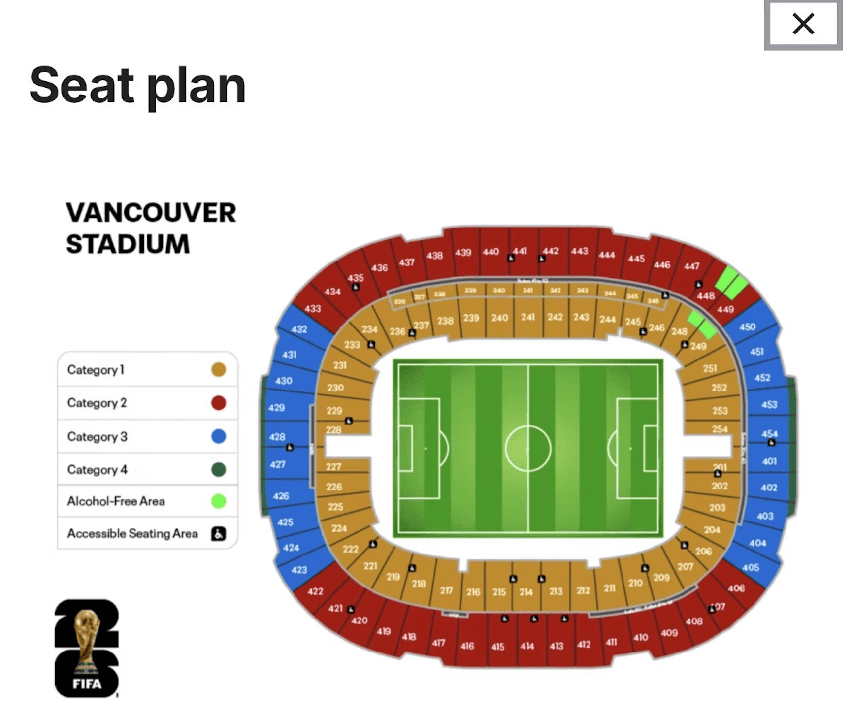 World Cup 2026 Vancouver Seat Map - BC Place World Cup 2026 seat map for BC Place in Vancouver, showing ticket categories 1-4.